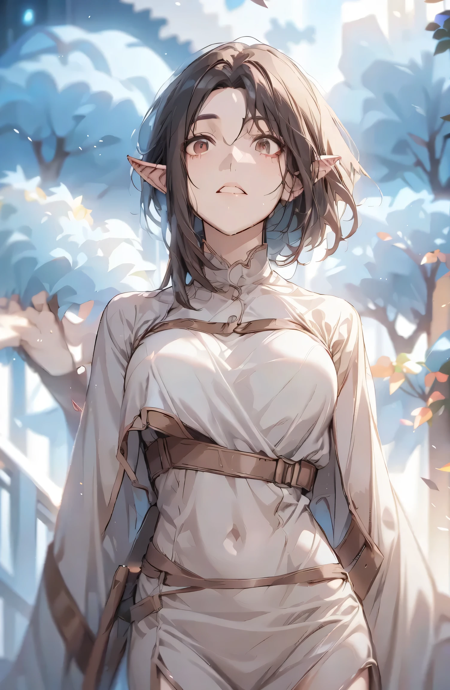 Beautiful brown Amazon, older woman, sexy, high, brown skin, black hair, elf, elf ears, dark clothing blouse, night, glow, sword