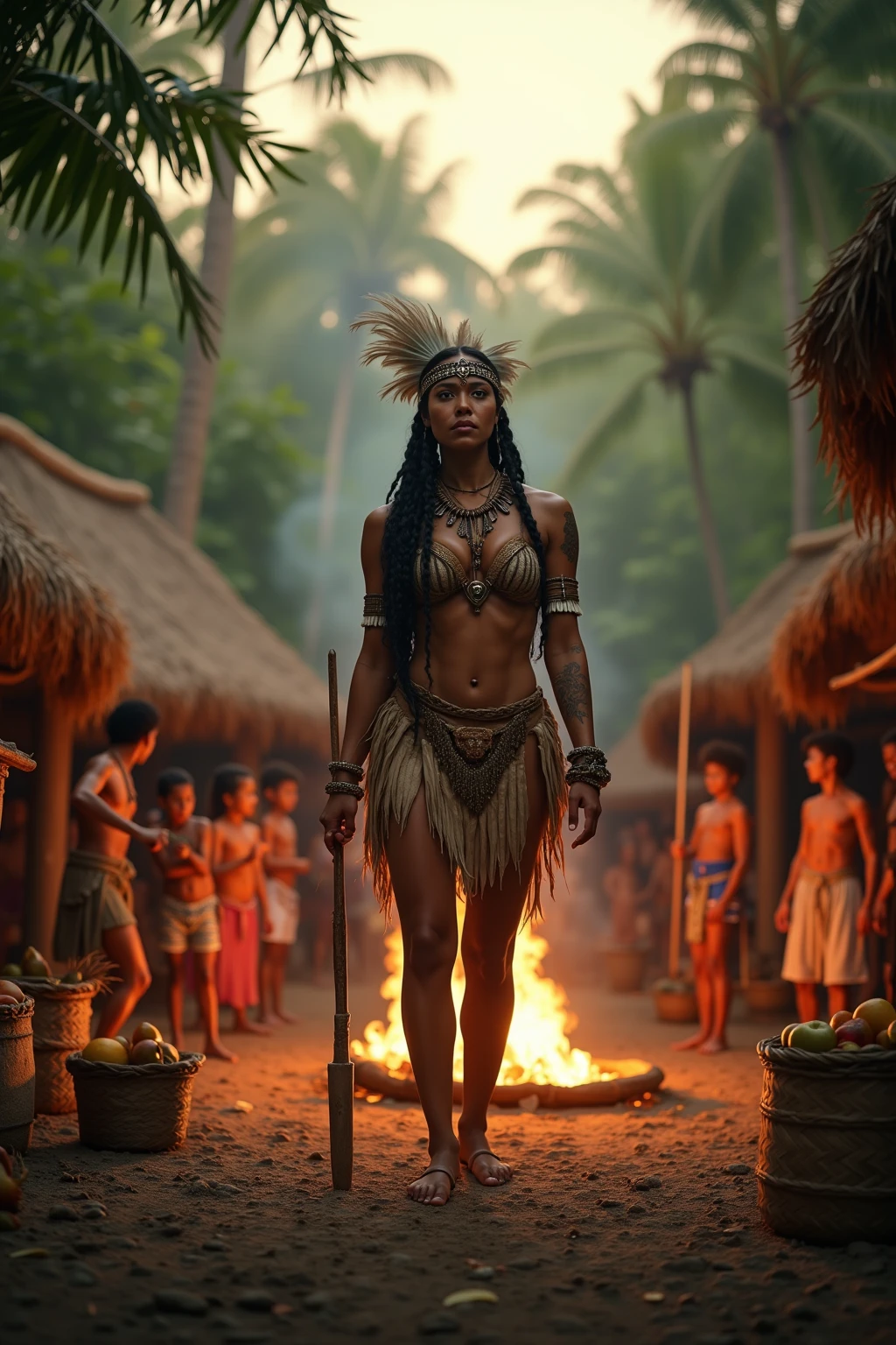 "A blonde American woman, bound with rough ropes, lying on a stone sacrificial altar under a large, menacing statue. She looks terrified, with fear in her eyes. Surrounding her, scary tribal people with fierce expressions and traditional tribal attire perform a ritual dance. The scene is set in a dense jungle at twilight, with shadows and the last light of the setting sun creating a dramatic and tense atmosphere. Realistic, highly detailed, cinematic."

