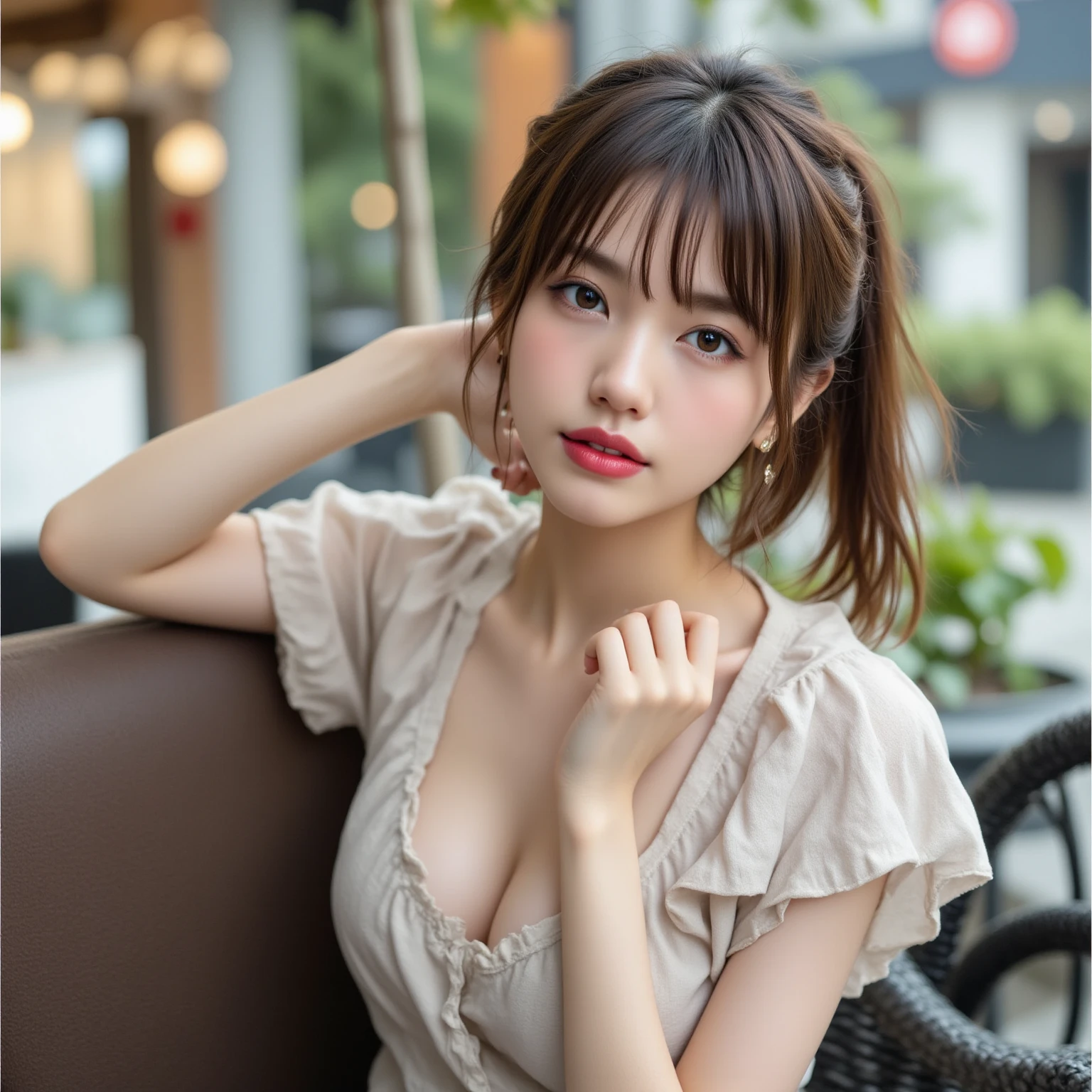finely detail, hight resolution, hightquality、Perfect dynamic composition, Beautiful detailed eyes, Medium Hair, small tits、Natural Color Lip,Kamimei、Shibuya、20 years girl、1 persons、Transparent skin、Glowing hair、A smile、masutepiece, Best Quality, Illustration, Ultra-detailed, finely detail, hight resolution, 8K、The correct state of the human body、crouching down、Gravure Model Pose,Hair soaring in the wind
