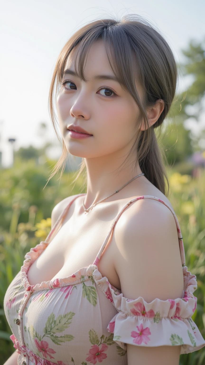  body、Full body Esbian、Leaning forward, hands on knees、Lift your hips up、Very small waist、(Very large breasts:1.3)、ponytail、Plump thighs、Natural Skin、Ultra-thin face、 Extremely thin hands, very thin fingers, Optimal ratio、Surreal, ((Cute Dresses、Too much exposed skin、Off the shoulder、The length is short and the thighs are visible))、Blushing cheeks、body covered in 、Cross Necklace、((18-year-old female:1.2))、Young and adorable Japanese face, Official Art，非常に精細なCG Unity 8k壁紙，（masterpiece:1.0),(Highest quality:1.0),  Very detailed, photo shoot, 8k, Hmph, High resolution, Kodak Portrait 400, Film Grain, Lens Flare Glow,Portrait Shot,Show Viewer