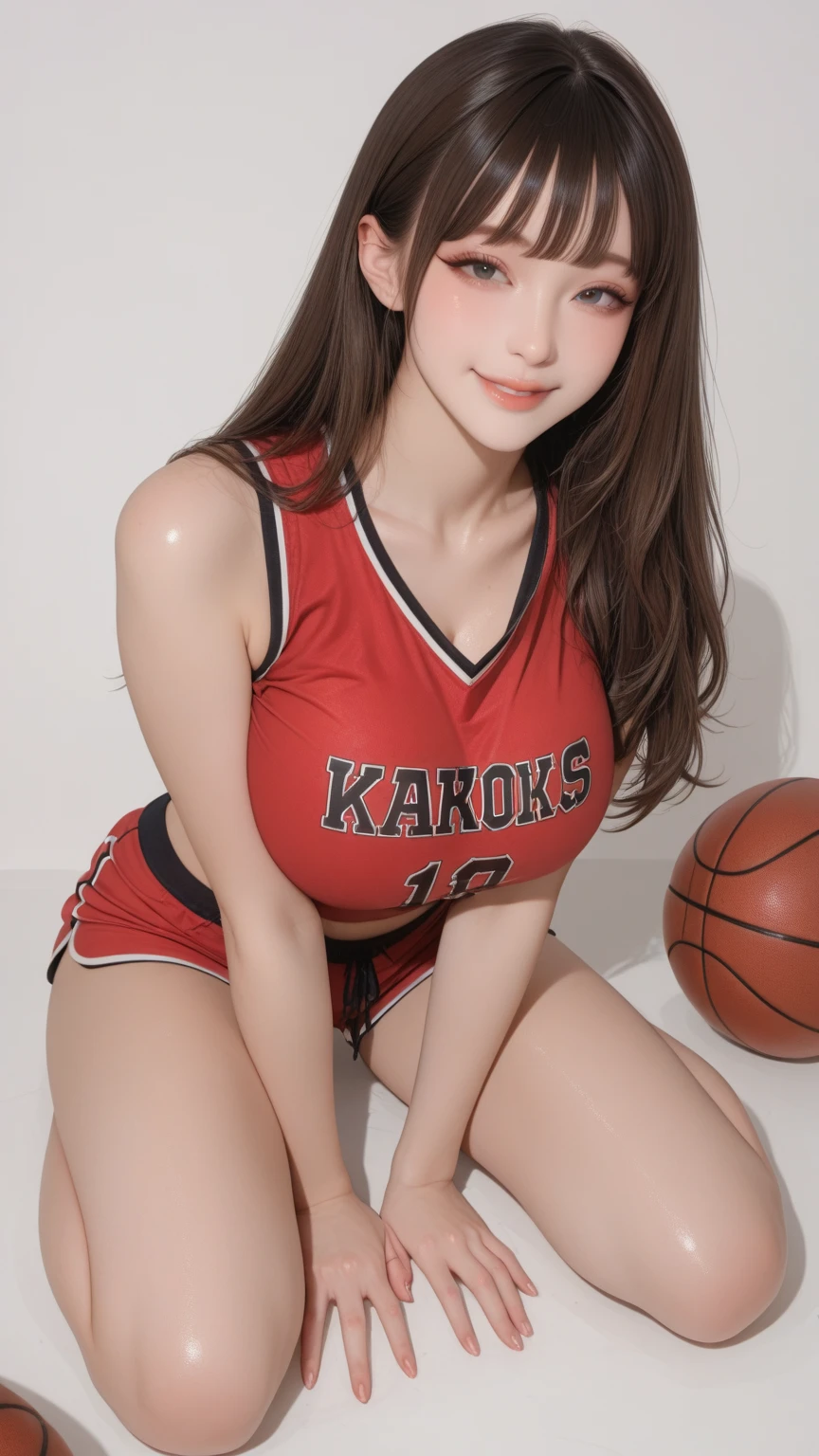 (perfect glossy shiny skins:1.3), ((full body:1.2)|cowboy shot),

(glossy red lips), (1girl),
(8k, RAW photo, best quality, masterpiece:1.2), (realistic, photo-realistic:1.37), (exquisitely detailed), ultra_color, (realistic), high quality, ultra detailed, (Real picture), (realistic skin), (intricate details),

(dramatic_light), (beautiful_detailed_light), lens flare, ultra_color, (shining_particles), (bright_dust_particles),professional lighting, photon mapping, radiosity, physically-based rendering, highres, extremely detailed,cinematic lighting,

(beautiful big eyes),green_eyes, round eyes, pretty face, Blushing face, light smile, high nose bridge, [:(detailed face:1.2):0.2], shiny eyes,
(PureErosFace_V1:0.2), (ulzzang-6500:0.8), (a 30 years old beautiful Japanese woman), (a face of perfect proportion), (high nose),
beautiful composition, (muscle:0.8),dark skin, (cute_belly:1.2), (cleavage:1.5),good hand,

(((playing basketball, red uniform,inside_basketball_field))),(wearing basket_uniform:1.3), (gigantic breasts:1.2),looking at viewer, dynamic pose, neon lights, glow particles,best shadow,  

steaming body, (shiny skin),(smiling:1.1), blush,getting wet, sweaty,  embarrassed