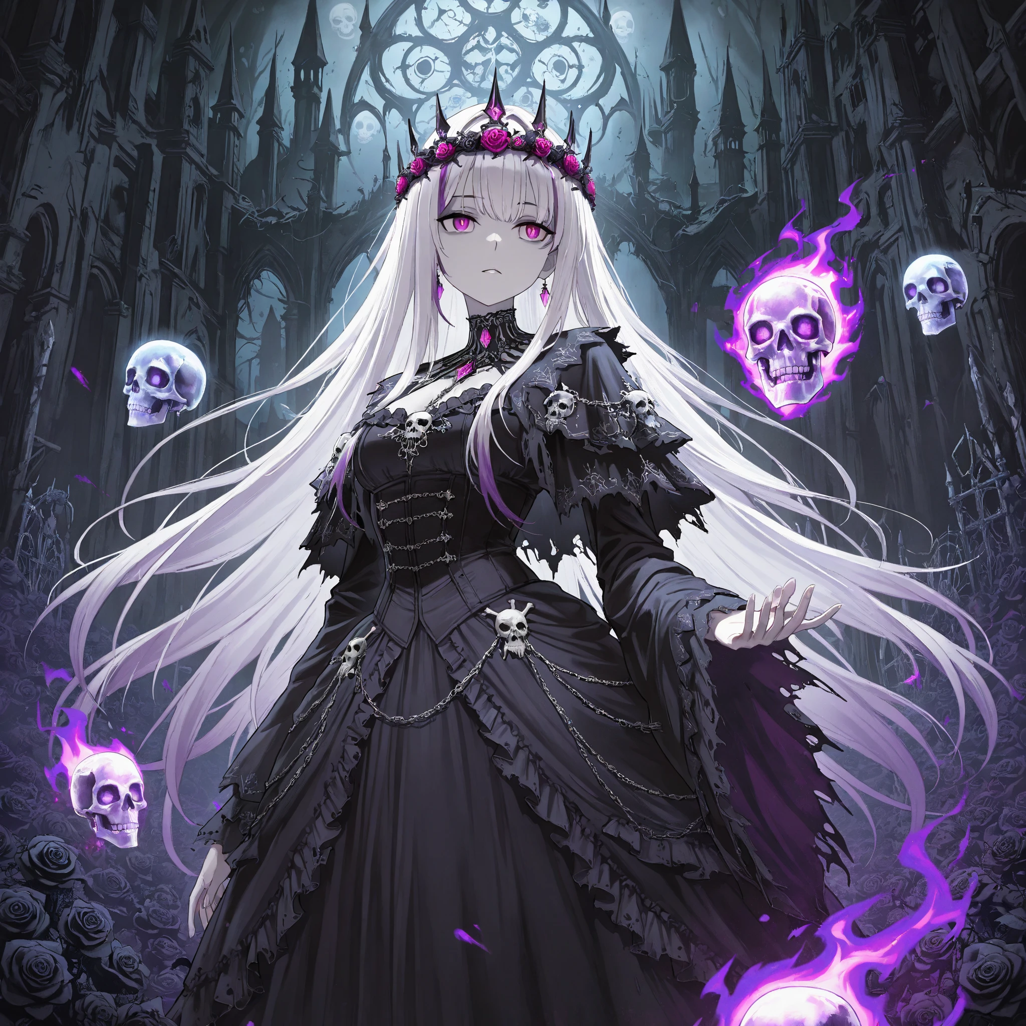 Make, god of destruction, almighty, destruction, can control a lot of chains, holding a dark sphere with chains circling it, dark clothing, black, purple