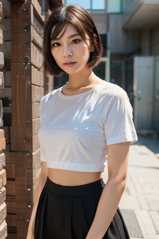 on the streets of Los Angeles, korean girl, eye contact with viewer, clear skin, extremely short hair, pixie haircut, brown hair, white shirt, floral skirt, hand tucking hair behind ear, posing