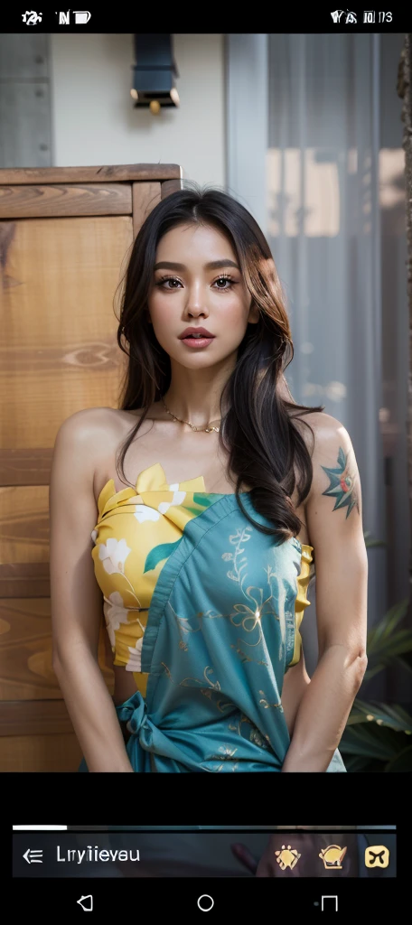 High resolution symmetrical images, Japanese film photo of a woman with colorful tattoos on her waist, chest and arms, Big mouth cleavage、(((Full body tattoos)))、 Large tattoo on the chest、(Lotus tattoo)、 (close up chest, Underarm, 胸のAngle from below), blonde braids, short hair, ((Art Nouveau)), (Ecstasy Face), (Alphonse Mucha), Small earrings, ((on the road, wood, Buildings in medieval Europe)), Angle from below、(Anatomically correct)、(Perfect body proportions)、(Natural Hands、Natural Fingers)、(Breast Goddess, Woman born from flowers, ((Round face)), Realistic Eye Size, Droopy eyes, smile,I'm bathed in dazzling light