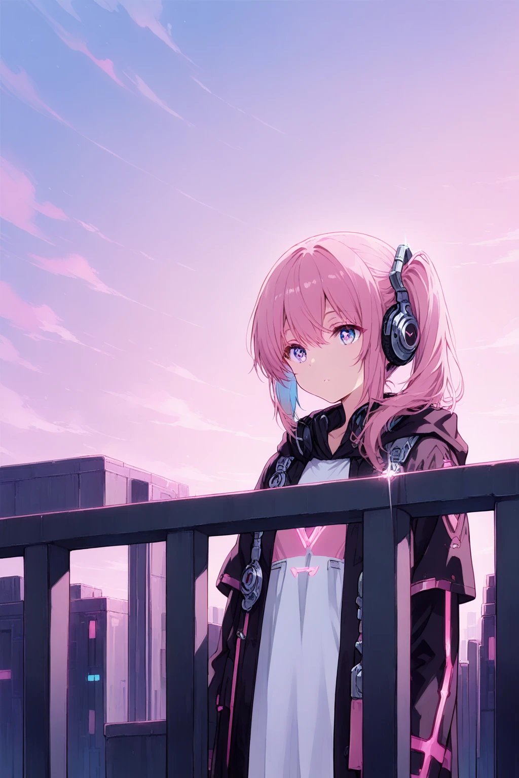 A teenage girl leaning against a rooftop railing at dusk, her silhouette outlined by the fading sun and distant neon glow. Her near-future uniform features layered dark fabrics with silver piping and soft pink circuitry embroidery. Her hair is dyed in a striking pink-to-sky-blue gradient, tied into a loose side ponytail that falls over her shoulder. A pair of large black and silver headphones hangs around her neck, reflecting a faint glint of city light. She wears subtle pink and silver mechanical accessories: an ear cuff shaped like circuitry and thin wristbands that softly pulse with light. Her gaze is slightly downcast, and her digital eyes shimmer with delicate heart-shaped motifs overlaid with circuits, hinting at unspoken emotions. Captured in a cinematic close-up, the composition emphasizes the soft wind in her hair, the texture of her uniform, and the shadowy ambiance that surrounds her