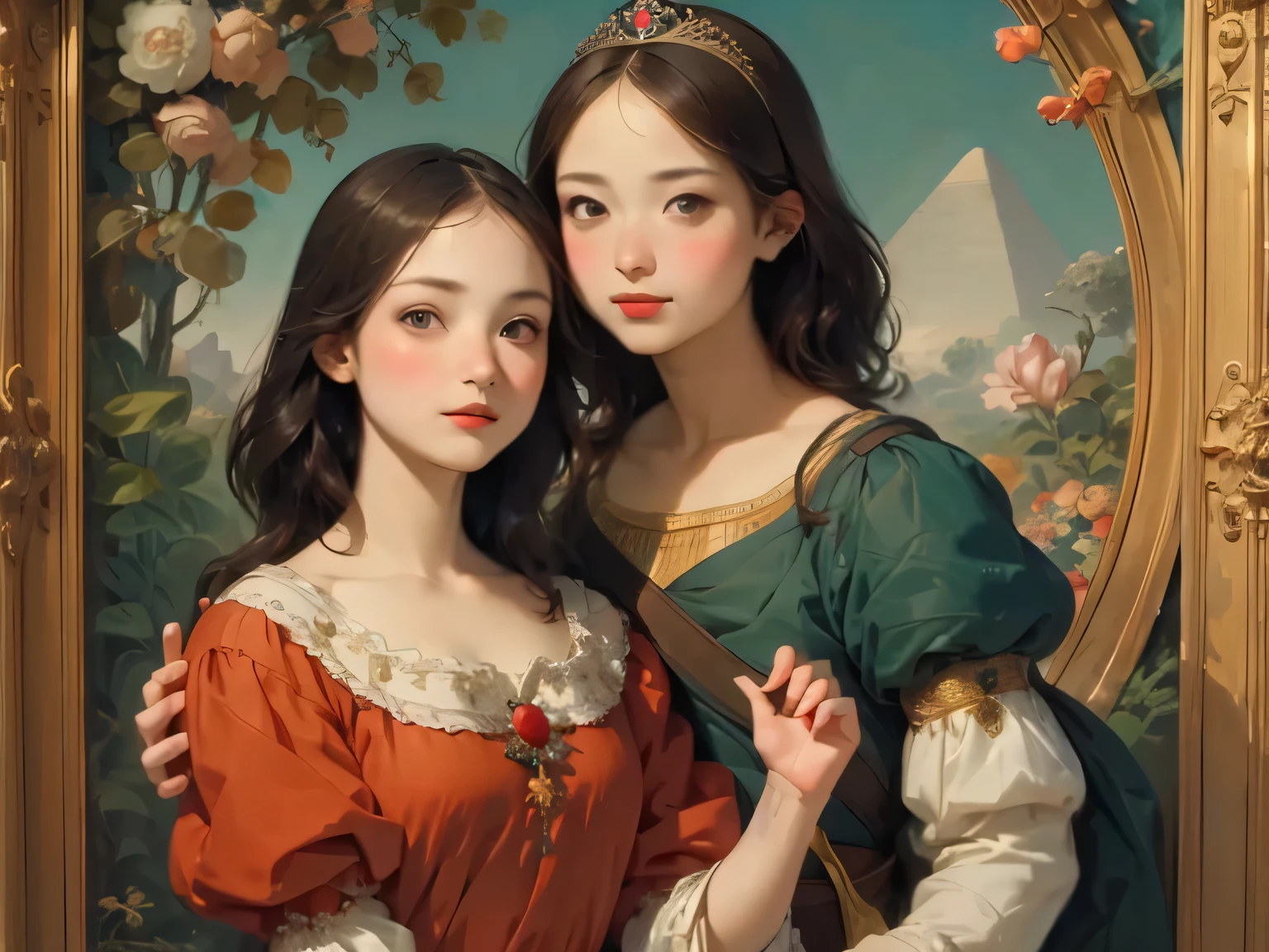 399 ((The Young Princess and the Young Prince)),(short hair),(Neat hair),(Ultra High Definition),(Opulent Palace),(Leonardo da Vinci Style Painting),(Egypt),(hieroglyphs)