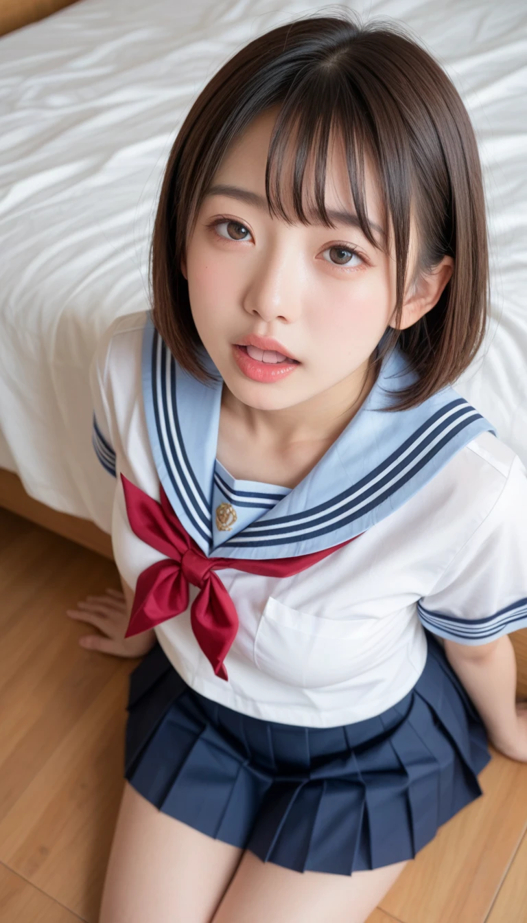 ((NSFW)),((solo photo:1.8)),(Masseter muscle part,highest quality:1.3),(RAW photo,realistic:1.3),(fine skin,detailed face),((Wearing a sailor school uniform:1.5,shirt lift:2.5,show your chest:1.8,Wearing dark blue bloomers:1.5,knee socks:1.2)),(cute,),(12 years old:1.5,japanese teen :1.9),((blush:1.5)),(embarrassing:1.6),(In 8K),(look at the audience),((night:1.9,On a futon in a dark, cluttered room:1.8,lie down in bed:1.5,)),(),(Shows the viewer a natural and detailed vagina:1.7),((big breasts:99.8,:,big ass:1.3)),(bob cut:1.3,lower bangs:1.7),natural brown hair,(natural skin texture,fine skin, hyper realism,Super sharpness),intricate details,(),troubled face:1.4,(Semen from the vagina:1.8,widening detailed vagina:1.4),(spread your legs wide:1.6),,(happy face:1.2),Insert the tip of a transparent dildo,