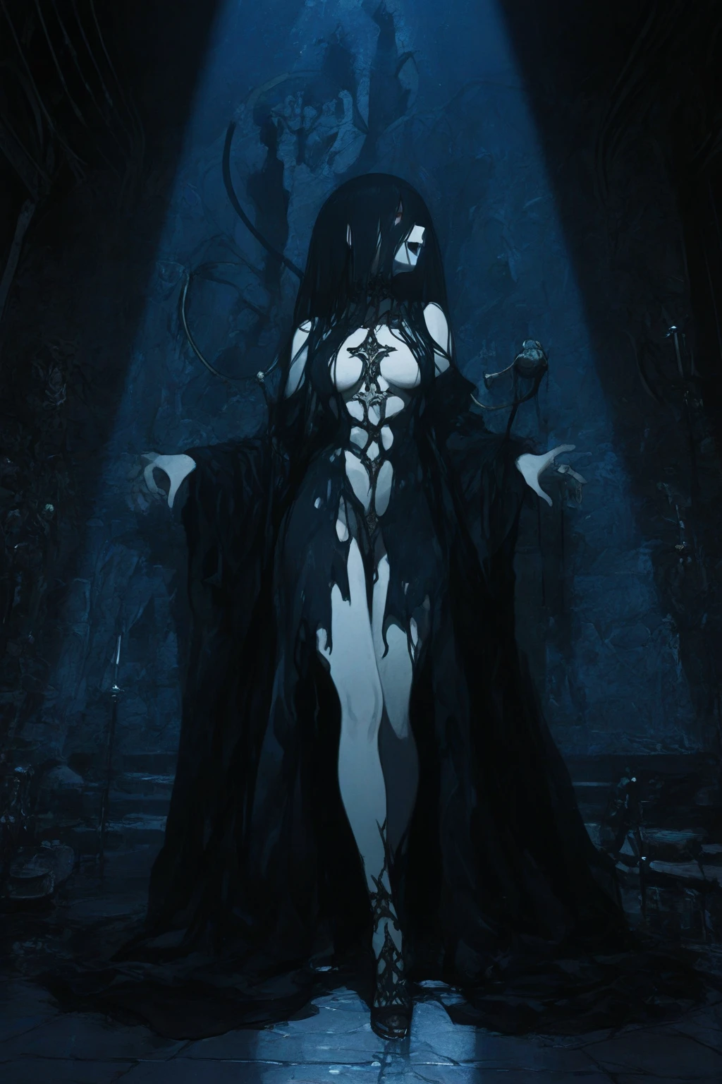 Depicted a chain-wielding chain monster、A monster that combines creepiness and beauty、(She is covered with chains:2.0)、Glows like a spark、Cold、Atrocious、brutality、cruel、angry expressions、Chains wriggling like living creatures、Light in the dark、(Full body:1.5)