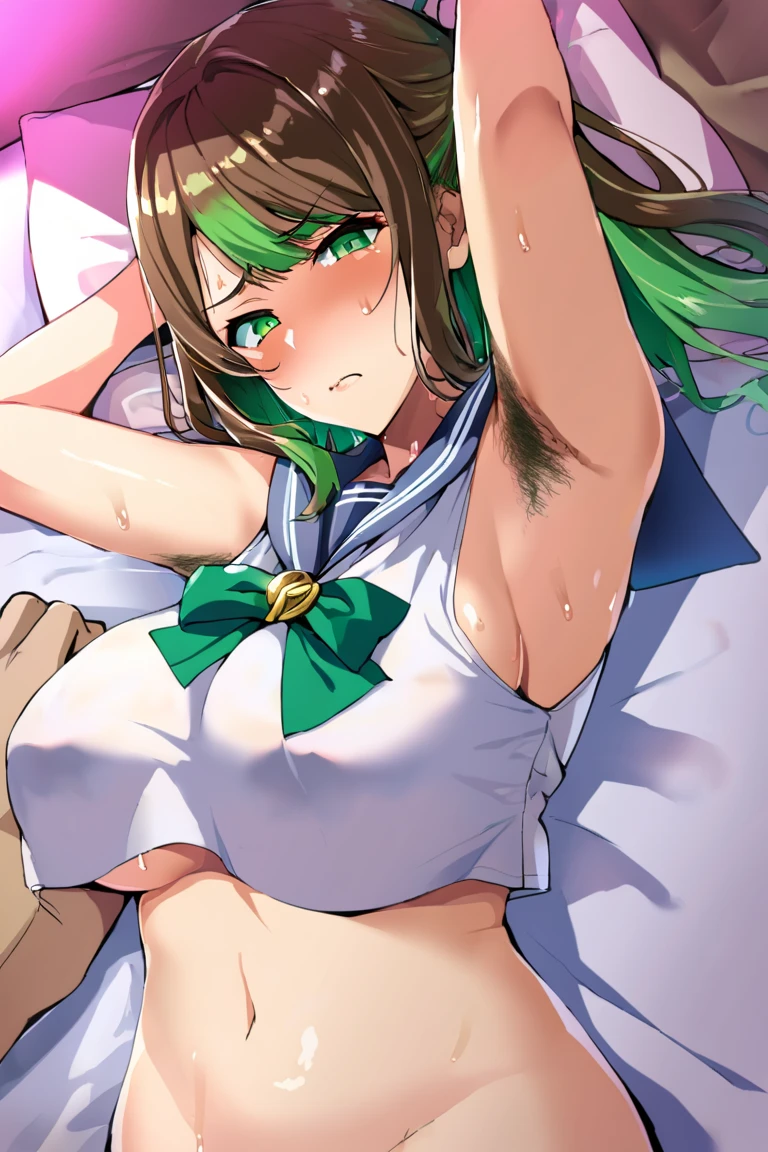 suzuya\(kancolle\), green hair, green eyes, long hair, hairclip, hair ornament, red bowtie,
BREAK
medium breasts, (nipples:1.3), open mouth, happy, blush cheeks, (underboob:1.3, dress shirt), no bra, stomach, short sleeves , on bed, pillow, open clothes, open shirt,
BREAK
hetero, (sex:1.8),(vaginal),spread legs,lying,on back,penis,cum in pussy, (focus on girl), nsfw,