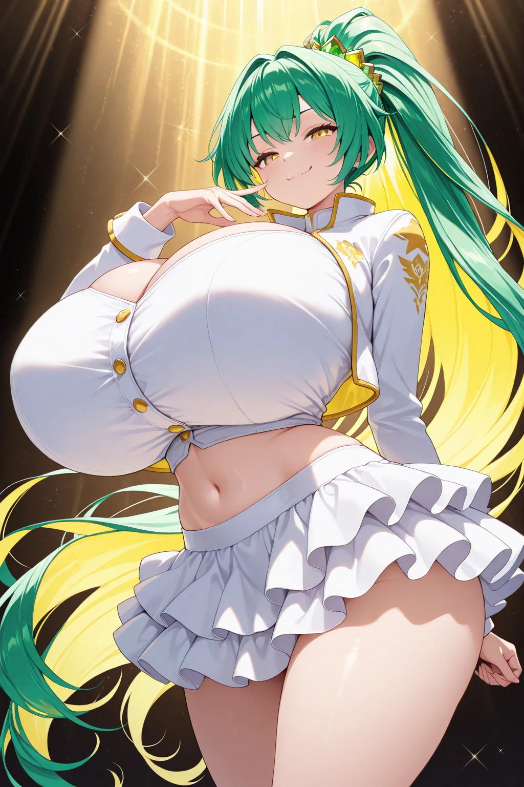 A stunningly beautiful bunny girl, her fur as soft and fluffy as the finest cotton. Her eyes are a vibrant shade of emerald green, filled with an alluring innocence that immediately captures the viewer's attention. She wears a delicate, flower-adorned headband that sits atop her floppy ears, accentuating her delicate features. Her tail, long and fluffy, extends behind her, swaying gently with every movement she makes. Her body is curvaceous and voluptuous, clad in a skimpy, white bunny costume that hugs her every curve. The fabric is accented with lace and tiny bows, adding a playful and alluring touch. Against a softly lit, pastel pink background, she poses demurely, one hand resting lightly on her hip while the other is tucked coyly behind her. The light from the setting sun casts a warm, golden glow over her fur, making her appear even more ethereal and irresistible. The image evokes feelings of innocence, playfulness, and an irresistible allure that draws the viewer into the enchanting world of this beautiful bunny girl.
