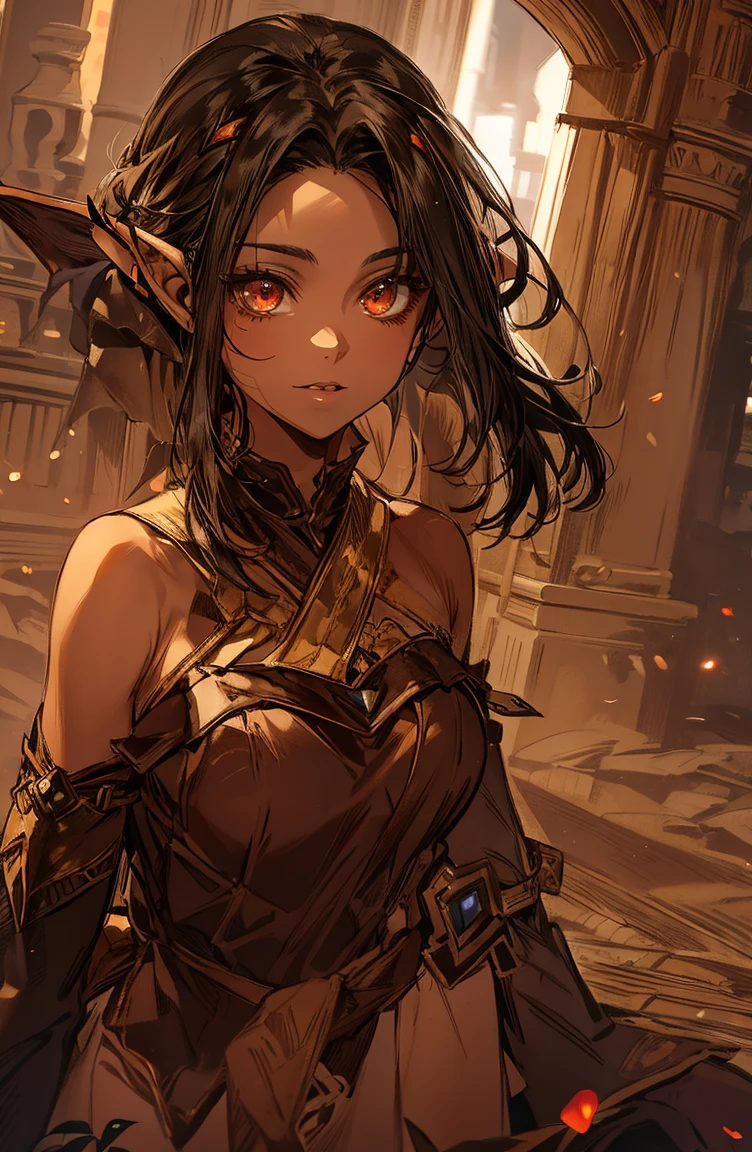 brown skin, older woman, , tall, brown skin, one dragon wing, black hair, elf, elf ears, dragon horns, army, ruler