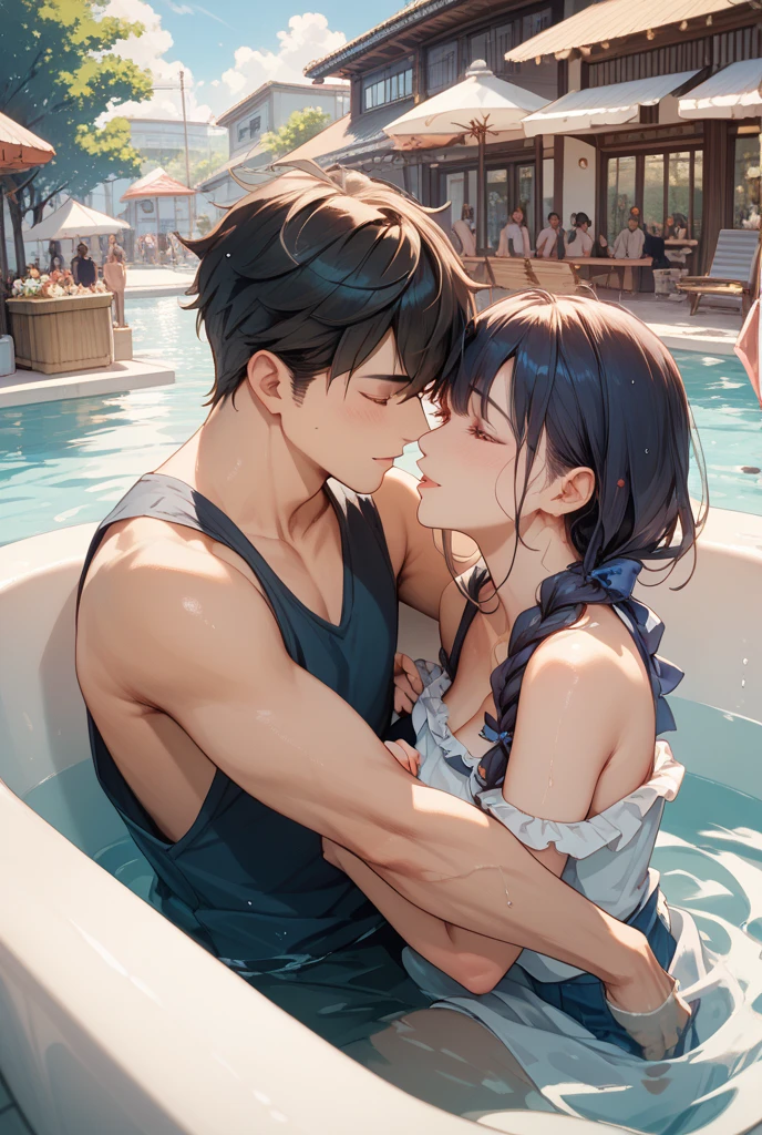 Man and woman, at pool, aggressive kissing kiss, staring intently to eyes. No one look at front. Man Hugging woman from back and kissing, Lovers. Hand on the waist. Hand on the neck. Hand on the face.
20-year-old boy and 18-year-old girl. cute, sunny, warm vibes, Handsome-cool-warm-boy with black hair and hot-seductive-sexy-cute-beautiful-girl with black hair and blushing face use sexy clothes. Intimate vibes. Detailed face, Detailed eyes, double eyelid,
