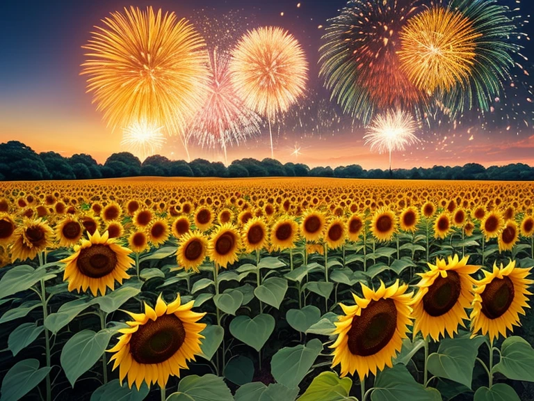 Landscape of sunflower field、firework、firework大会、Rainbow colorsのfireworkが打ちあがっている瞬間、夜nullとともに、、サイバーパンクなひまわり景色で壮大なfirework、future都市、Highest quality、masterpiece, (Diffuse reflection of light:1.2), When the fantastic rainbow turns into shadow, bathed in a mystical atmosphere, Cast magic spells. evoke a sense of wonder and awe. A fusion of natural grandeur and magic, Weaving dreams into reality. Behold, null, And the unknown, Fleeting、And an eternal moment, 16K, Ultra-high resolution.Realistic, Ultra-high resolution, to be born,future、Rainbow colorsに光り輝く、Rainbow colors、The world 30 years from now。