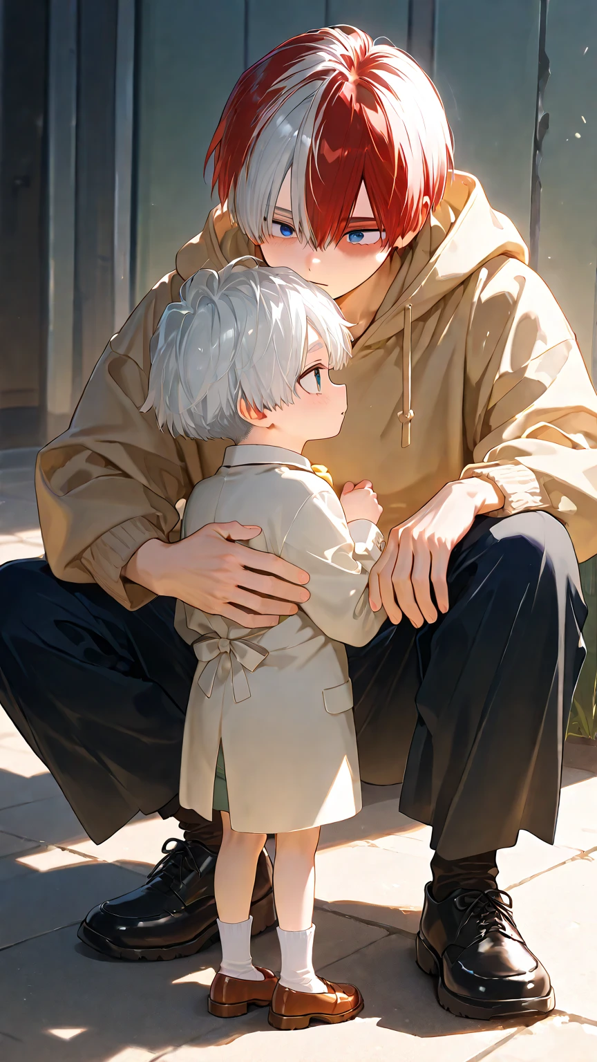 Anime boy holds a baby in his arms while standing on the street., artwork in the style of Guvez, Guvez, Tall anime guy with blue eyes., Wear a black cloak, luxurious veil , anime cover, guys, Highest rating on pixiv, anime boy, Manga cover style, Two handsome anime guys, pixiv daily ranking, Manhwa, Guvez on pixiv artstation
