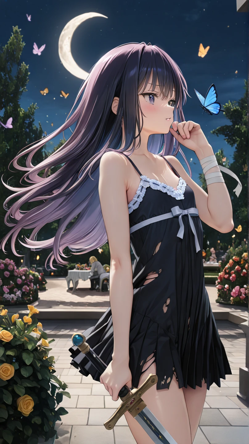 (((masterpiece))), AiHoshino, 1girl, solo, long hair, looking at viewer, blush, smile, dress, bow, ribbon, hair between eyes, bare shoulders, medium breasts, closed mouth, underwear, standing, purple eyes, panties, hair ribbon, purple hair, ass, hair bow, sidelocks, cowboy shot, outdoors, day, shiny, looking back, off shoulder, from behind, white dress, white panties, wet, see-through, panty pull, building, wet clothes, off-shoulder dress, <lora:AiHoshino-10:0.7>
