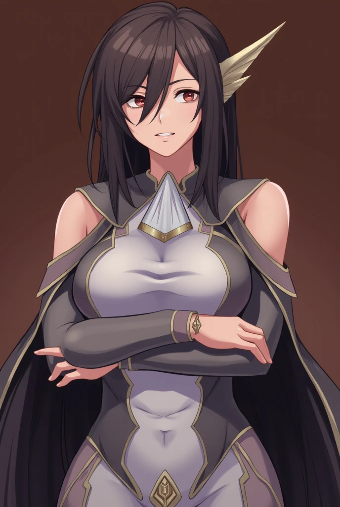 ((extreme detail)),(ultra-detailed), extremely detailed CG unity 8k wallpaper, tharja, <lora:Tharja:0.7>, gold-lined bodystocking, gold hairband, gold collar, cape, facing side, looking at viewer, serious, hand to mouth, upper body, white background
