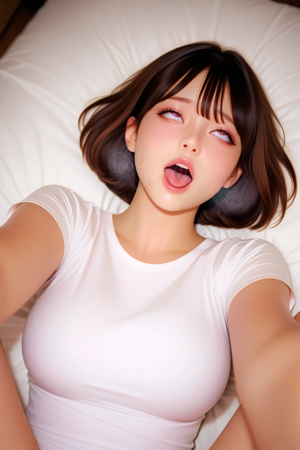 artwork showing an oriental woman naked with huge  and shaved Pussy, One girl, Heterosexual, chest, ?????, One boy, Censored, Sex, Nipples, underwear, belly button piercing, Vaginal, Lie in, bar censor, nude, tongue, Long Hair, good, Sweat, panties removed, Pussy, Open your mouth, good removed, tongue out, close your eyes, panties, behind, belly button, hair ornaments, Spread your legs, Missionaries, Focus Only, large chest, completely nude