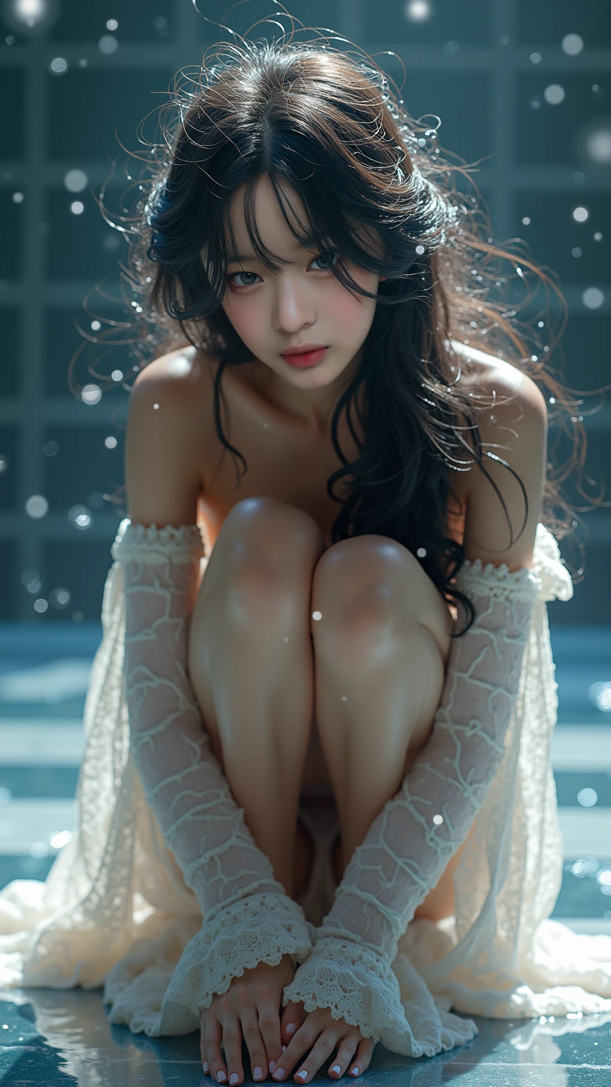 masterpiece、8K、32K、highest quality、(Detailed both eyes)、(cute japanese woman、bangs:1.3)、23 years old、1 girl、elegant、black hair、(retro、film camera:1.4)、(huge boobs:1.2)、rain、(get wet:1.3)、sit