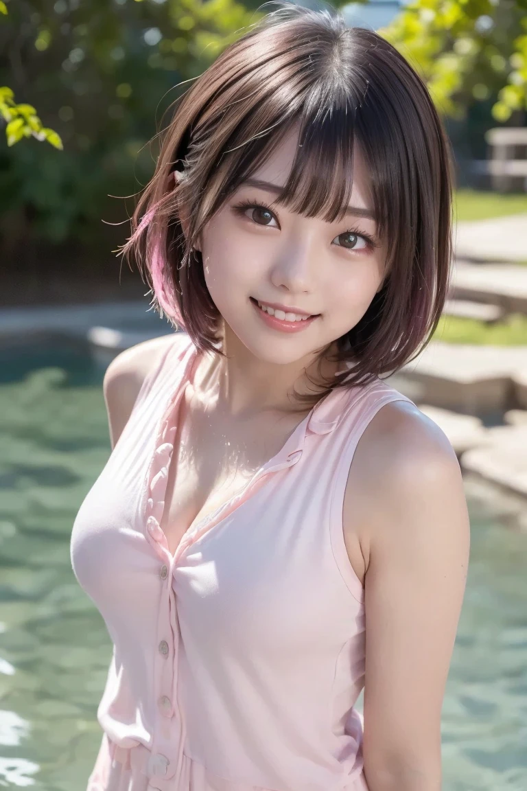 Highest quality, masterpiece, Ultra-high resolution, (Realistic:1.4), Voluptuous,Beautiful woman,(Shortcuts) (Outdoor pool area)Beautiful Skin, Fine skin, 魅惑的なsmile, Bokeh, smile, Shortcutsヘア, White collared shirt, Formal tight skirt,