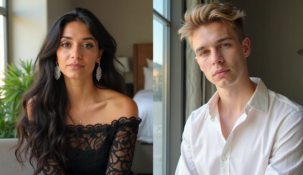 You can create an image of a light-skinned handsome young man, vina face with black hair and beard, elegant dress, next to a young woman with light skin, curly black hair, elegantly dressed 