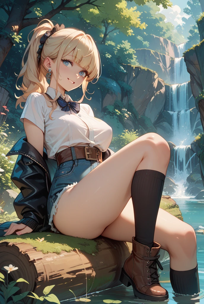 Highest quality,(masterpiece),(((Full body image))),(1), (Highly detailed face),Slightly round face, (Tan brown face:1.6), Boyish beauties, Beautiful Lips,Stern face,Troubled face,Beautiful Lips,Baby Face,(Black gal:1.6),(Big eyes),(Smooth, straight, Long Hair:1.5),(Strong silver hair:1.6),(Blunt bangs),(Brown Skin:1.6),(Green denim hot pants:1.3),(Camouflage tube top:1.3),(Brown leather short boots:1.2),(Holding a knife:1.3),in the forest,In the jungle,grassland,Woman in survival mode,Sexy thighs,Provocative ass, (Both feet point inwards:1.6),hot,Sweat a lot,hot帯林,During a break,(Sit comfortably in the bush:1.3), Front angle, Beautiful ass, Night Sky, Bonfire,Mysterious glow,