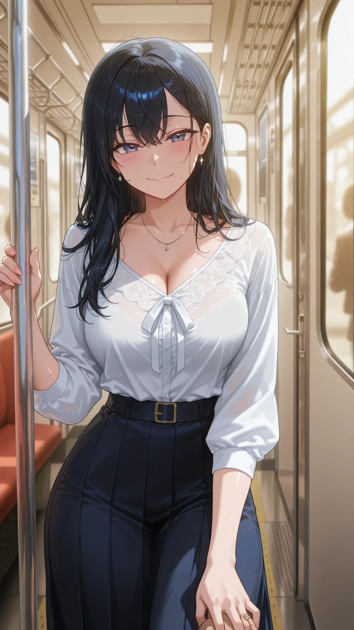 mature woman,gentle mature face,mature housewife,black hair,curvy,straight hair,oval face,sleeveless navy shirt,long white skirt,at train,troubled and stressed,glossy lips,glasses,look at viewer,humid