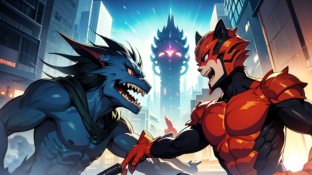 High resolution, highest quality, illustrations, super detail, bustling city, a group of people in the wild against powerful monsters