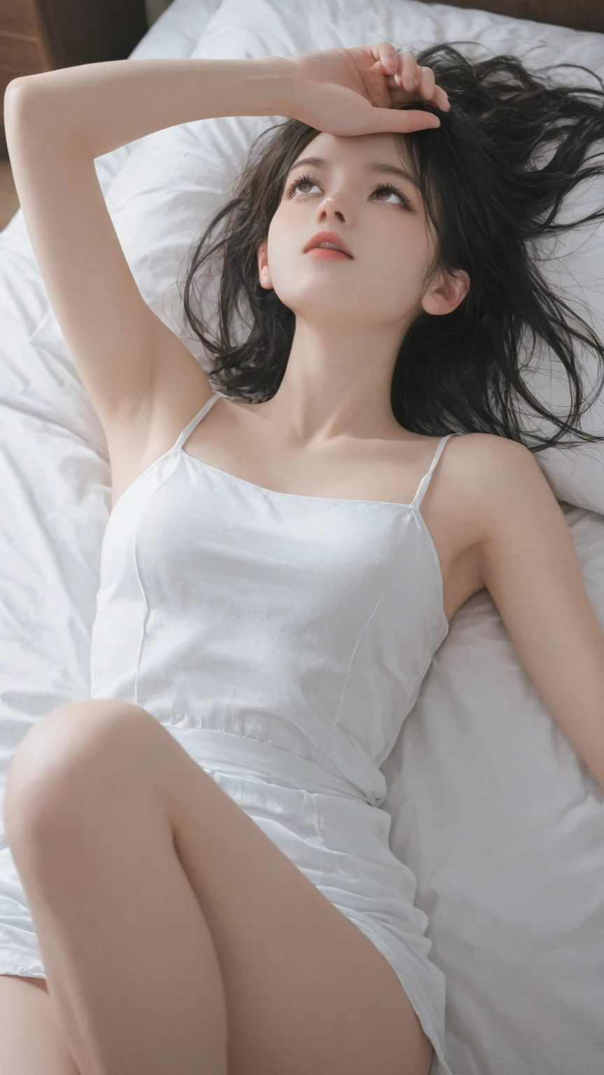 Beautiful female nurse，Lie down in bed，enjoying  ，To go，Sweat profusely，Flushed face，Generalized spasms，White and tender toes，High-quality full-body photos，tmasterpiece，Detailed facial expressions，Detailed feminine characteristics