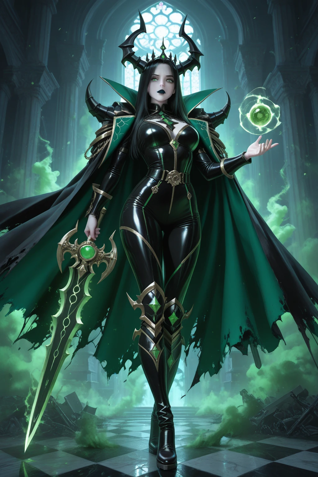 An 18-year-old woman in an elegant black and dark green coat. She has dark green hair and holds two golden daggers. (Dynamic pose, animated pose, cinematic atmosphere, cinematic light, cinematic shadow, perfectly drawn hands, extremely detailed. 5 fingers on each hand)