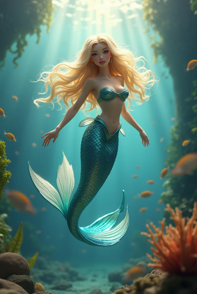 A young female mermaid diving in the deep blue sea. She is a yellow color mermaid with a beauty inside. She is not shy to show her private things and seduce the viewer.