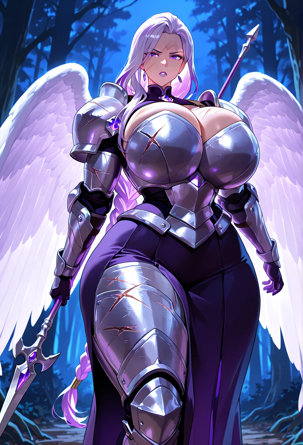 ((((Massive, tall, beautiful, buff, muscular brown skinned woman mage with shocking pink hair, huge angel wings, ginormous bulky muscles, holding a fire mage staff and wearing a beautiful hooded white enchanted robe with long long skirt)))), (close view), vascular, massive muscle, massive biceps, hyper muscle shoulders, hyper muscle triceps, (angled bob cut), red eyes, (wearing a long extremely intricate robes, long magical robes), (white mage boots), smirk, white gauntlets, (in a dark Mystical forest), evening, Vascular arms, hyper vascular arm, hyper muscles arms, hyper muscle legs, massive arms.