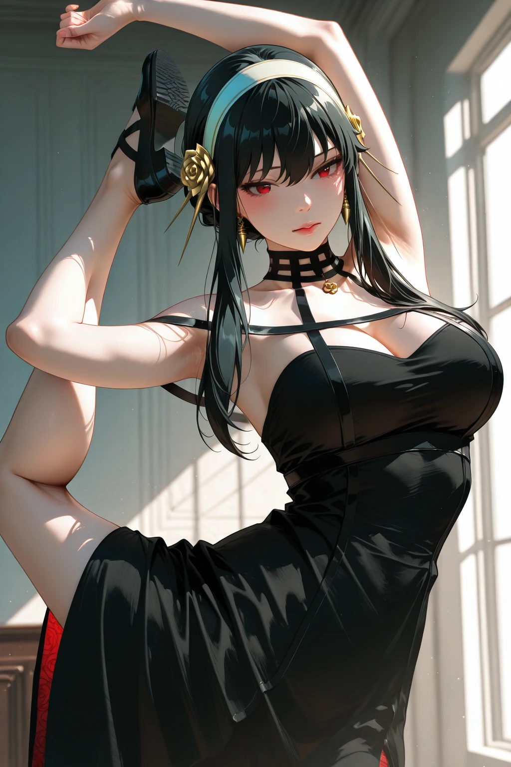 Mulher de cabelos pretos, olhos castanhos, horns on head, a black dress sitting on a chair drinking tea.