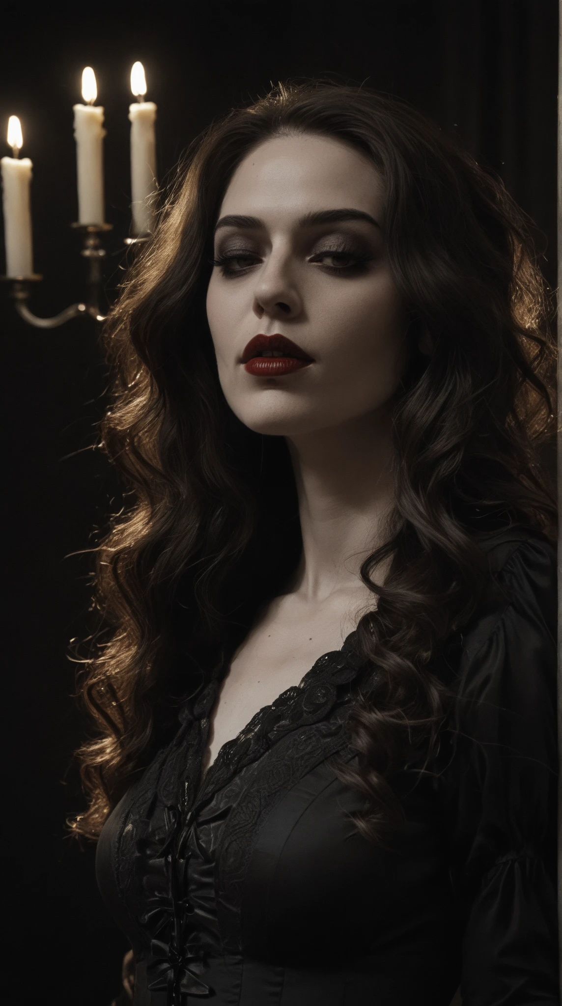 score_9, score_8_up, score_7_up, (adult:1.2), solo, indoors, candlelight, luxurious dark background, face closeup, close shot, (vampire:1.2), beautiful woman, romantic gothic makeup, black silk blouse, silk blouse, black blouse, blouse, pale skin, long dark wavy hair