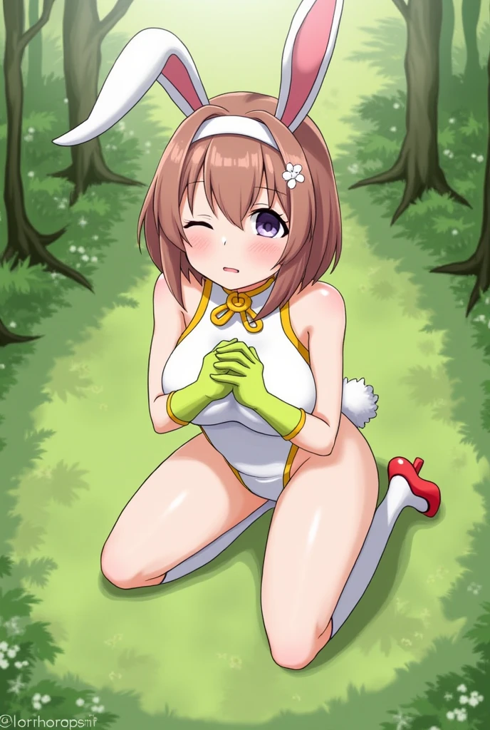 Anime Man with black hair Covering your red eyes in a white sexy bunny outfit With bow tie with big thighs in stockings