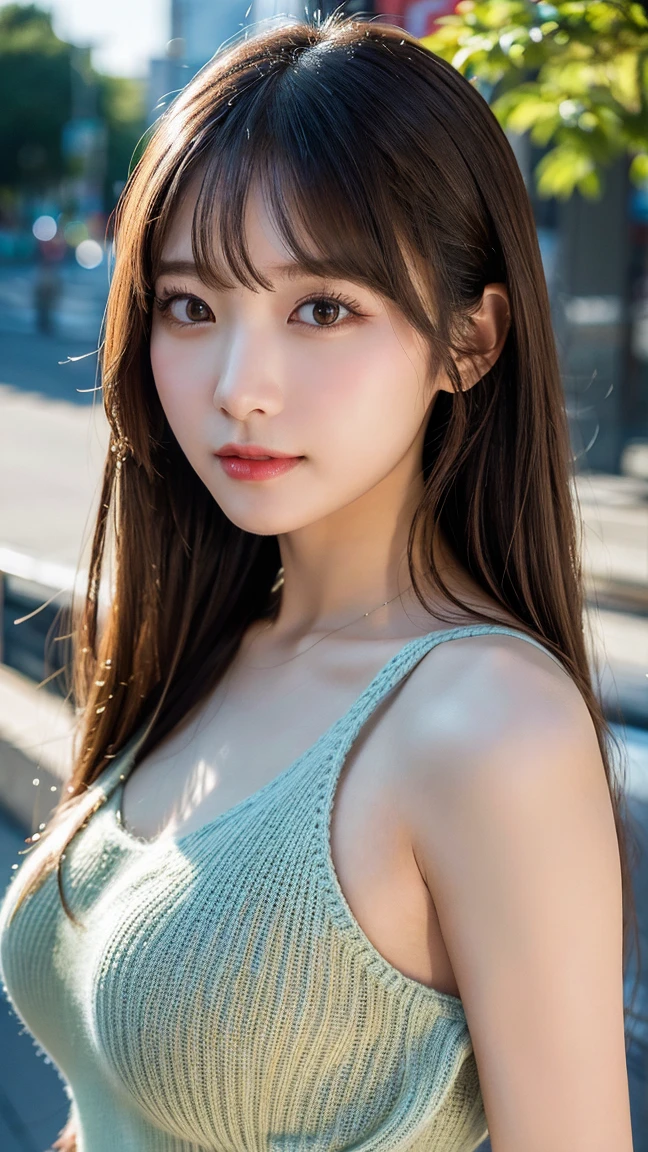 Sunburn marks on tanned skin、blush、Multicolored hair color、Bangs on the face、Bangs between the eyes、Super long hair、Beautiful bright transparent light blue big eyes that are charming and shining、A cute 16-year-old girl with a cute look, A strong wind blows my hair in front of my face、Beautiful big sparkling eyes, Cute eyes hidden by long bangs、Yawn、No visible nasolabial folds、A short, light-colored miniskirt、A cute and colorful summer shirt、Korean Beauty、Dark blush on the cheeks