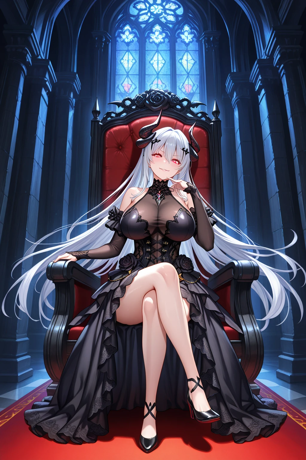 1 girl,White hair,colored eyelashes,deep eyes,skin-covered horns,deepcolor,big breast, colored eyelashes, alternate eye color,breast curtain,masterpiece, best quality,very aesthetic,absurdres,inner boob,chair,sitting_on_throne,nsfw,looking at viewer, 1 girl,White hair,White eyes,deep eyes,Introvert,very aesthetic, absurdres,looking at viewer,Whitesilver,shiny, midnight midnight,shiny,leg,Toes