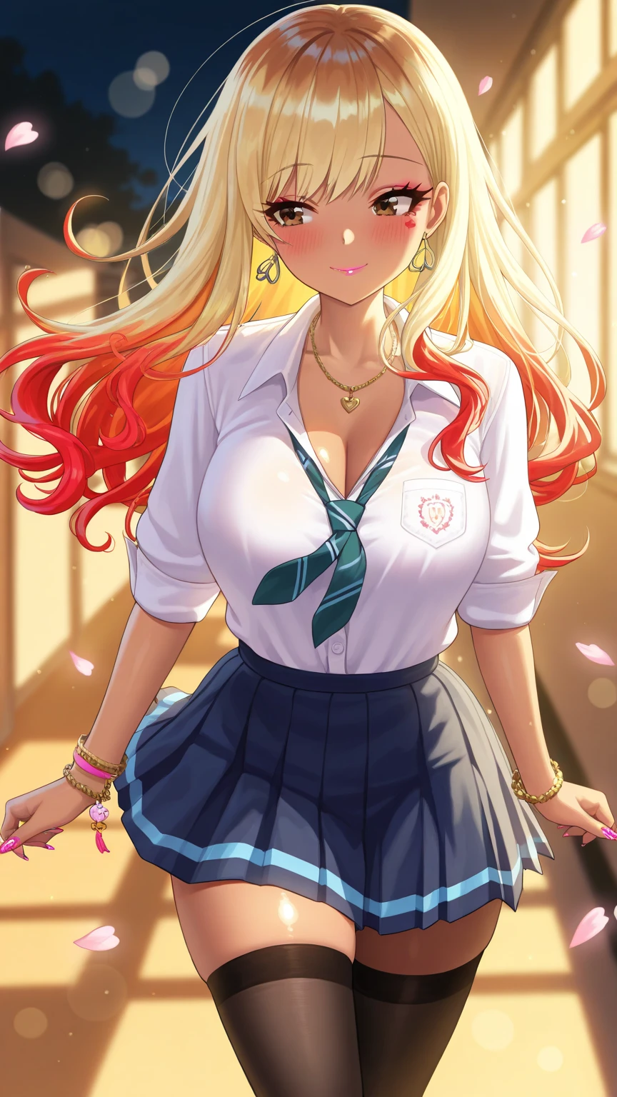 "(masterpiece:1.1), best quality, (NSFW:1.1),
1girl, gyaru, (80s anime style:1.3), (eyelashes:1.5),
(intricate high detailed body:1.2),
yellow hair,
(hair slicked back:1.2), (long hair, wavy hair:1.1),
purple eyes, (red lip stick, eye shadow:1.1),
(medium breasts:1.1),
(happy, smile:1.2), open mouth,
(school uniform, skirt, midriff peek:1.1), (cleavage cutout:1.1),
belts, accessories, hoop earrings, ahoge,
standing,
upper body,
(classroom:1.2)"