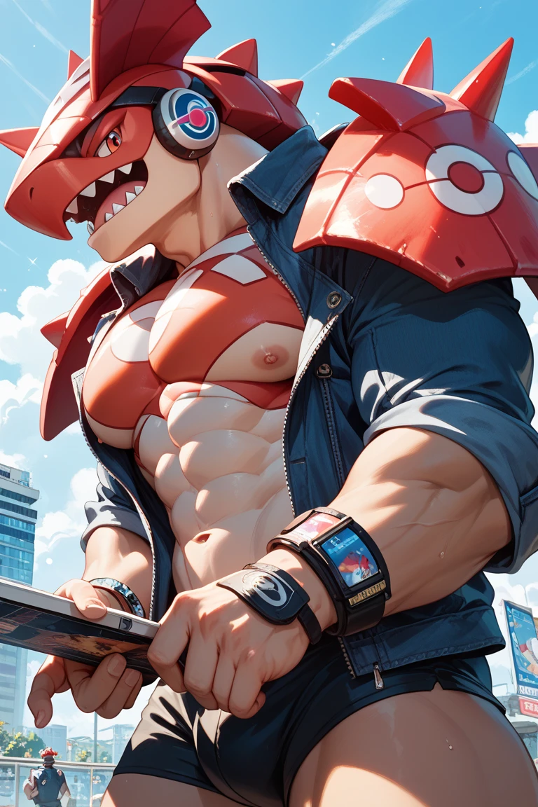 A slim adult male anthro dragon with furry body and sexy face and half body looking at the viewer. The furry cat has sports clothes with a red cap covering his eyes 