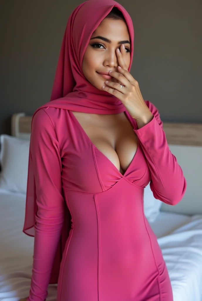 1 malay girl, modern red hijab, shy, medium portrait, watery eyes, Red lips, pink glowing particles, wearing pastel pink short dress, ((small breasts)), visible cleavage, visible thigh, white skin, visible panties, the toll road Korean city building background, well-proportioned body, looks from angle the bottom of full body.