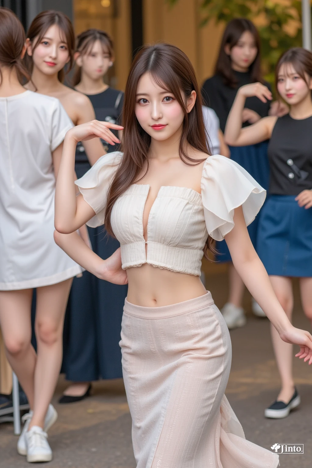 (8k, RAW Photos, highest quality, masterpiece:1.2), Super Resolution, (Realistic, Realistic Photo:1.37), Head to toe, High-resolution RAW color photos, Professional photos, Very detailed, 8k wallpaper, Amazing details, Very detailed美少女, Very detailed顔, Very detailed目, Very detailed肌, Very detailed指, Very detailed鼻, Very detailed詳細な口 , Perfect Anatomy, Very detailed背景, Very detailed衣服, 1 girl, (18:1.2), Age 25,  Realistic body, Fair skin, Glowing Skin , Curly Hair, (bangs:1.2), smile, Cute face, Realistic face, Delicate eyes, Droopy eyes, Gunmetal grey mesh shirt, Short skirt, Earrings, Looking at the audience, Cowboy Shot, Dynamic Lighting, Very large breasts,