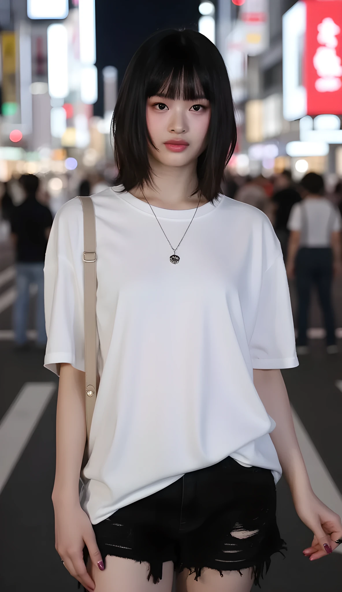 full body shot with mahiru、Long portrait、Hanni from NewJeans、Woman standing directly in front of the camera、with a smile、disheveled bob hairstyle、Women wear white oversized plain t-shirts、I'm wearing distressed black shorts、full body shot with mahiru、and the background is a girl holding hands with viewers in the downtown area of Shibuya in Tokyo at night
