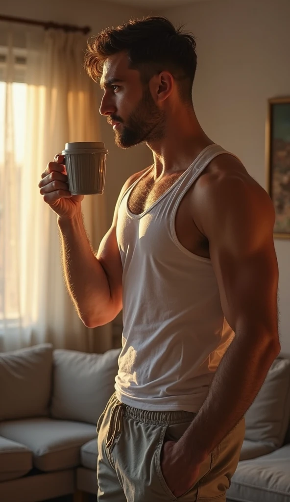 A sexy handsome man in a cafe, sitting and drinking coffee, homoerotic, handsome face, gorgeous hair, fashionable clothes , nsfw, homoerotic