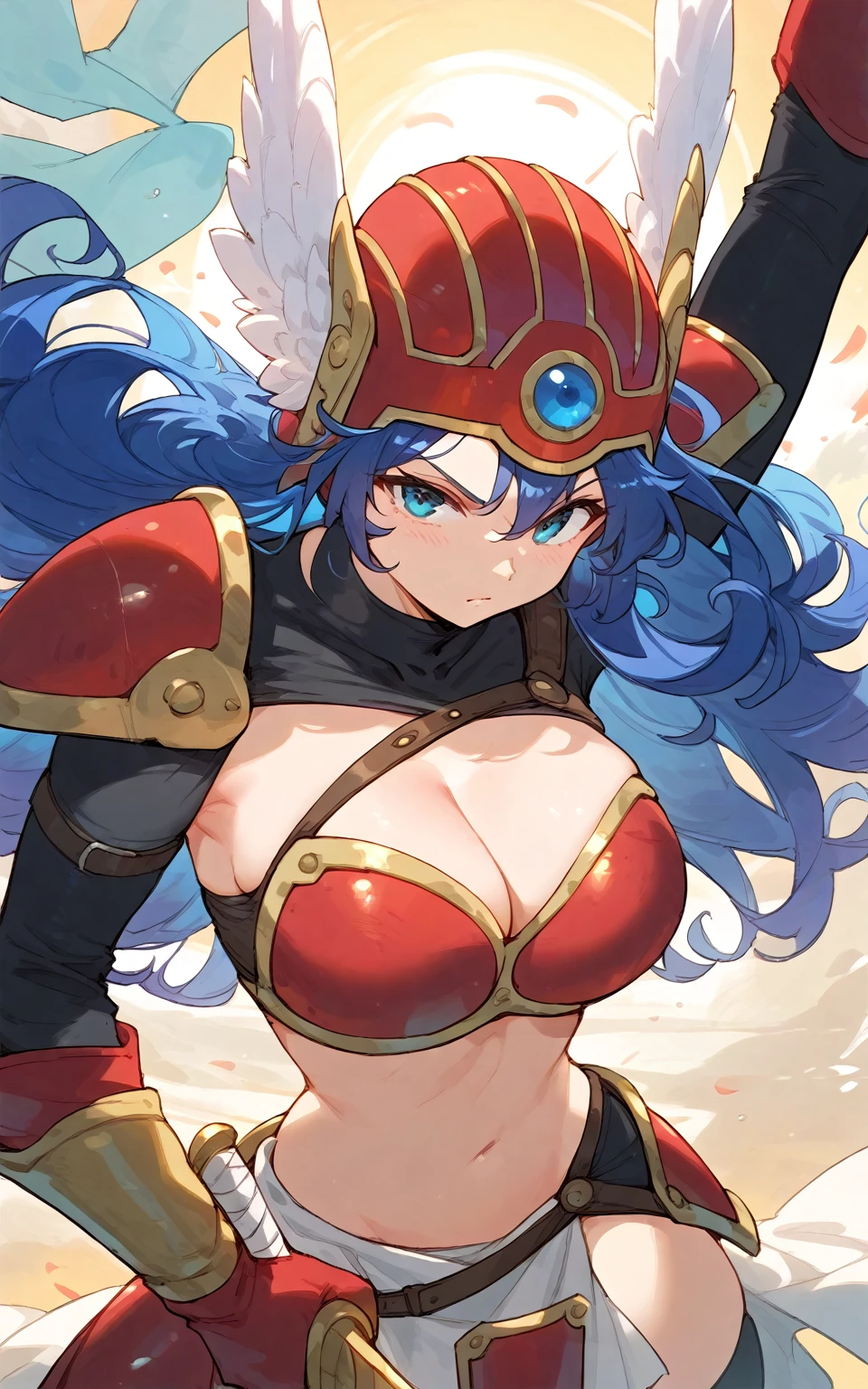<lora:e7 MLRose:1.4> e7 MLRose, blue hair, red eyes, black winged helmet, red scarf, black mini skirt,
(masterpiece), best quality, highres, 4k, 8k, Detailed Illustration, intricate detail, cinematic lighting, amazing quality, 1girl, fit female, amazing shading, soft lighting, facing camera, perfect eyes