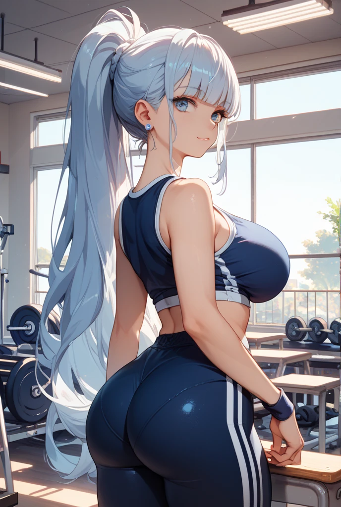 best quality,ultra-detailed,high resolution,extremely detailed CG,perfect anatomy,detailed,cinematic lighting,beautiful detailed eyes,ultra high res,pov,1girl,MILF,milf,gleaming skin,oil skin,large breasts,wide hips,skindantation,sweat,humid,clothed,curvy, (night:1.1),(moody lighting:1.3),(classroom:1.5),blue red pink white,dashed eyes,Pink Leggings,sports bra,(seductive smile:1.8),from below,(sweat:1.2),from back,ass focus,hand on own ass