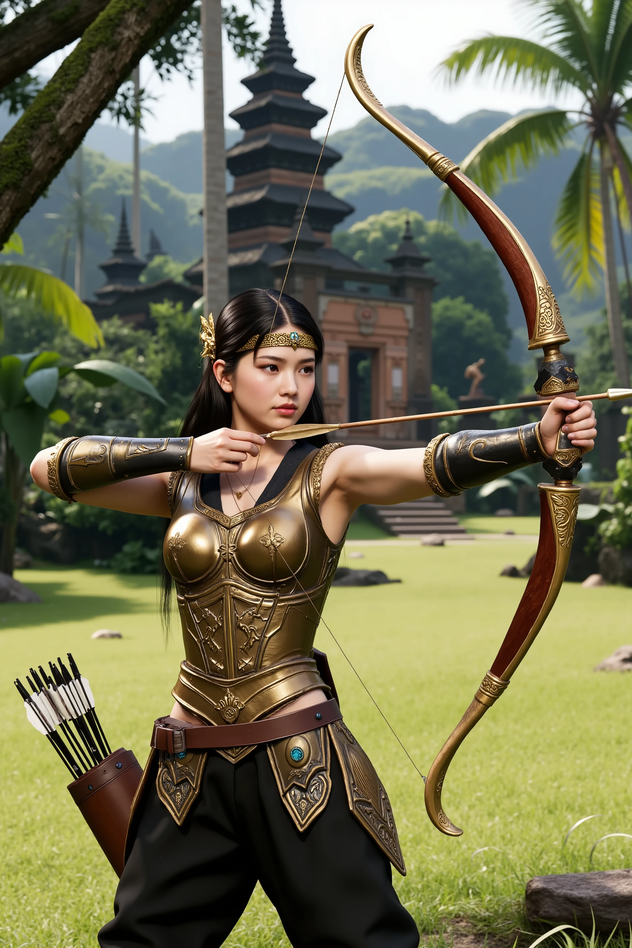 A hyper–realistic 8K close-up of a young woman whose features skew European with subtle Southeast Asian warmth: high cheekbones, a straight aquiline nose, full pale-rose lips, and crystal-gray almond eyes beneath softly arched brows. Her fair, porcelain complexion glows under volumetric Rembrandt lighting, and long black hair is swept back to reveal a simple gold circlet with a single central gem.
She wears mythic Arjun–inspired armor: a form-fitting bronze cuirass embossed with wayang reliefs and burnished gold lamellar plates. Sleek pauldrons and slim vambraces are edged in black-and-gold filigree, while matching fabric panels beneath the fauld shimmer with subtle gold flora and kala motifs. Armored greaves crown her knees; a quiver of feather-fletched arrows rests on her back, and she holds a polished rosewood recurve bow inlaid with black-and-gold patterns.
Environment: Behind her, a serene carpet of lush green grass stretches into a vibrant tropical forest—towering ferns and broad-leaf palms rising in layers of emerald hues. In the distance, the silhouette of a weathered Javanese temple ruin peeks through dappled light, its moss-clad stones hinting at ancient grandeur. Soft shafts of sunlight filter through the canopy, casting gentle highlights on the foliage and lending the scene a peaceful, verdant glow.
Cinematic Details: Framed as if shot on an ARRI Alexa LF with a Leica Summilux-S 80 mm f/1.4 at T1.hallow depth of field renders the forest and temple ruin into creamy bokeh. A warm key light sculpts her face and armor, balanced by a cool fill, with a subtle lens flare and fine film grain for an analog-cinema finish.
Artistic References: Render in a photorealistic, painterly style inspired by Gregory Thielker’s mood and Wētā Workshop concept art, refined to Unreal Engine 5 quality, with a rich, earthy-green palette punctuated by metallic highlights and drifting dust motes.