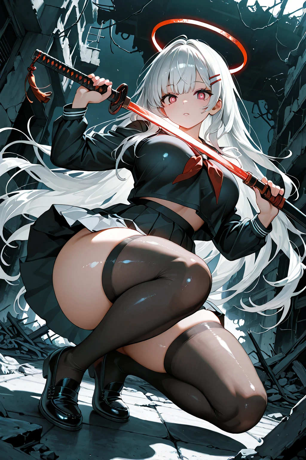 1girl,solo,masterpiece,high quality,highres,best quality,detailed,<lora:add_detail:0.8>,<lora:spectre-nvwls-v1-final:1>,dnfspectre,black leotard,breasts,pantyhose,black gloves,earrings,jewelry,cleavage,looking at viewer,sunglasses,holding,leotard,high heel boots,katana,