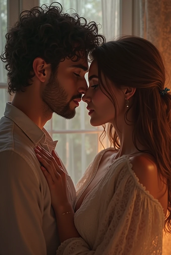 Woman with shirt written Nathália, man with shirt written Marcelo, kissing in a room, one the man is brown and the woman white
