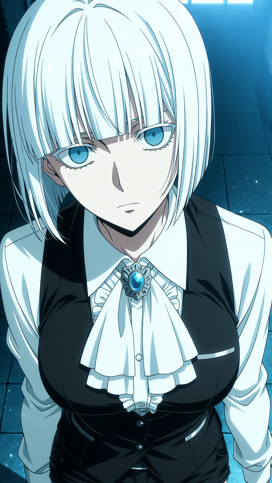 erica,gangsta
High quality , best quality , masterpiece, High Resolution , anatomically correct,anime Coloring, Screencap
1girl,solo, tall woman, Cool woman,, androgynous,
White hair,short hair,bob cut, blunt bangs ,blue eyes, breasts,
White collared shirt(long sleeve,center frill),black short pants,black vest
looking at viewer , close-up,from above,upper body
, bar
,, Gangsta style,empty eyes, Expressionless