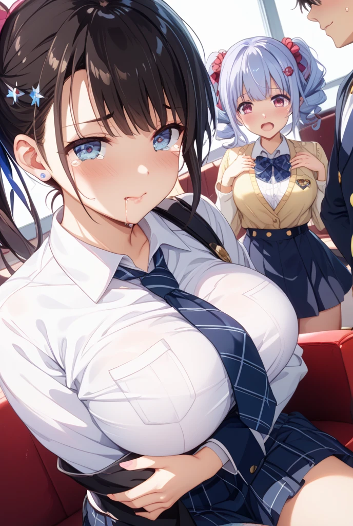 2girl, 1boy, penis, paizuri, pov, from above, sci Fi school uniform, cleavage, unbuttoned clothes, in the classroom, penis between the breasts, wet penis, :D, smile, pubic hair, assisted