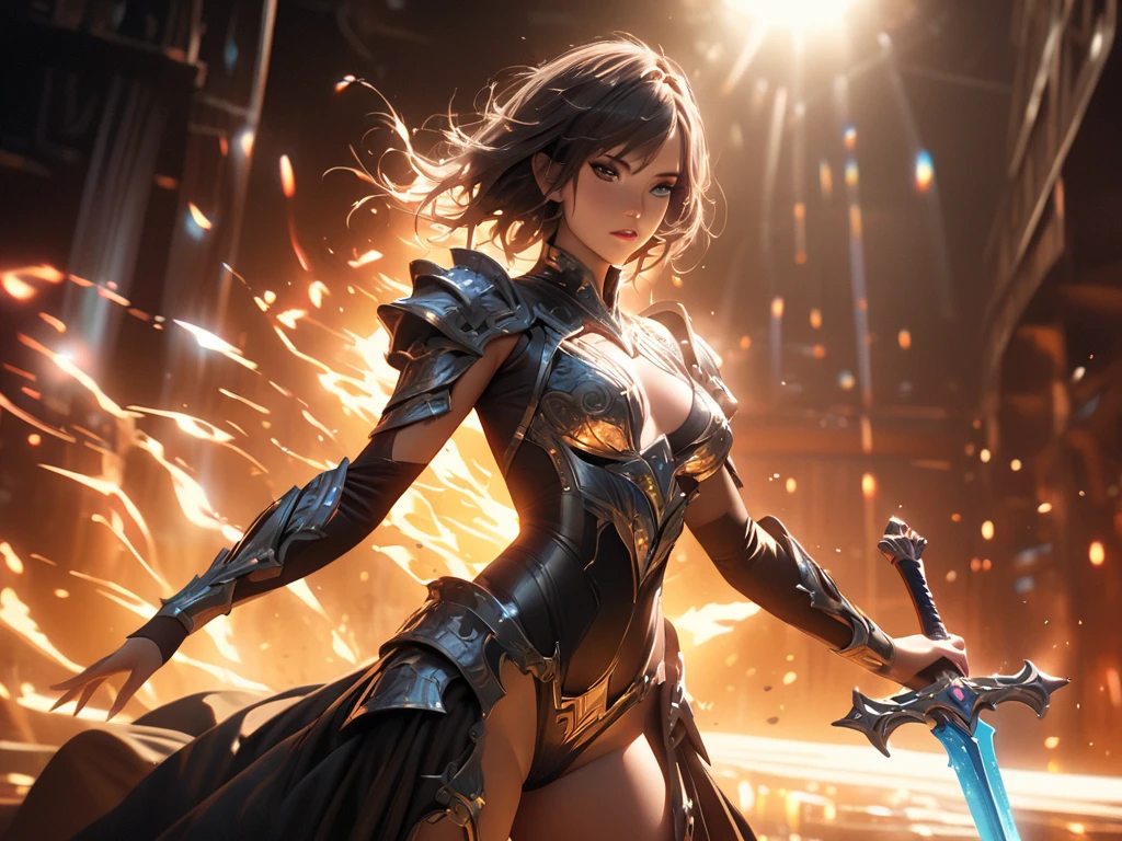 human Sorcerer secret agent, full body, wearing an elegant suit with magic circuits, long sword with magical carved details glowing, whole rabbit ears, human face, glowing eyes, fantasy RPG, tanned skin, neon punk, art book, Studio ghibli, wide setting, in the middle of a magical cyber retro metropolis, magical light reflected in the hair and ear, aura of light, style power, half-top view, old anime style